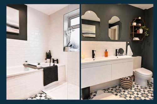 a bathroom with a sink and a toilet and mirrors at The Richmond Retreat in New Malden