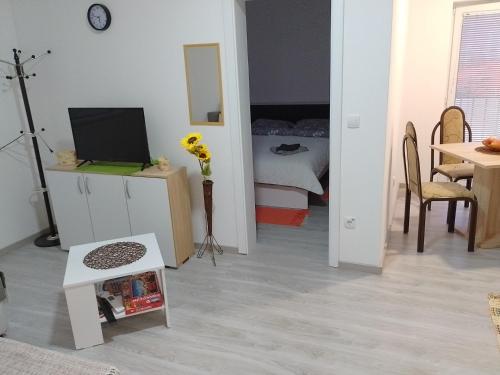 a room with a room with a bed and a table at Apartman Plaza 9 in Veliko Gradište