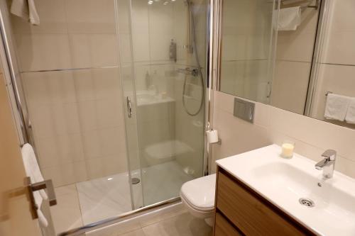 a bathroom with a shower and a toilet and a sink at Apartamentos La Botica de Nerja in Nerja