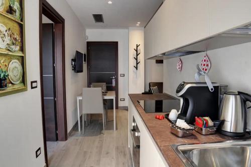 Arsenale Turin Rooms في تورينو: مطبخ مع حوض و كونتر توب