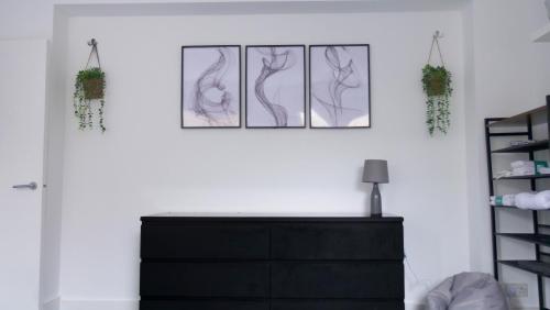 een woonkamer met een zwarte dressoir en een foto aan de muur bij Modern Apartment in Shoreditch, City Centre in Londen