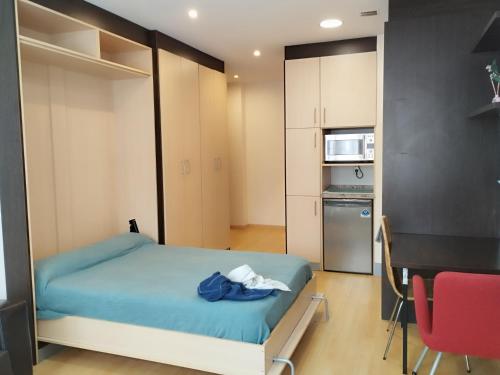 a small bedroom with a bed and a kitchen at Estudio Céntrico D2 in Oviedo