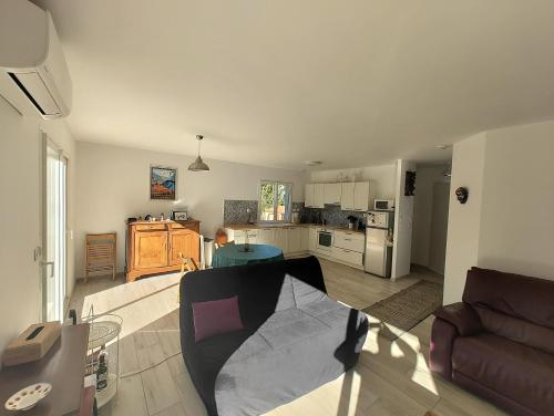 un salon avec un canapé et une table et une cuisine dans l'établissement Le Soleil au Paradis (des Pyrénées), à Vernet-les-Bains