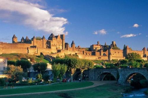 un gran castillo en la cima de una colina con un puente en Gite 4/6 pers près du Lac en pleine nature en Carcassonne