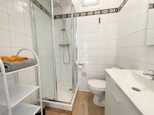 een badkamer met een douche, een toilet en een wastafel bij Maison abba trois pièces in Saint-Antoine