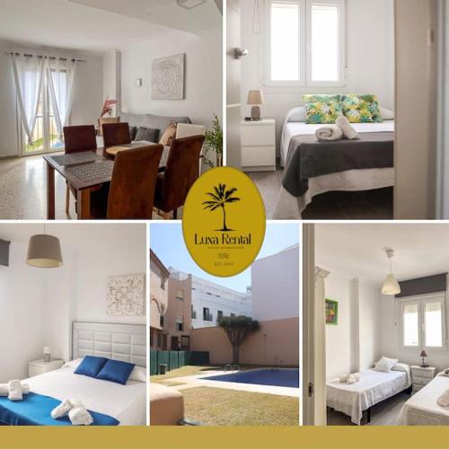 a collage of photos of a bedroom and a living room at LXR Bienestar 3HAB pasos del mar in Tarifa