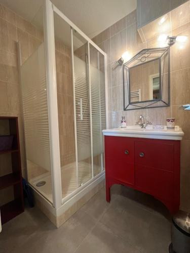 une salle de bain avec une douche, un lavabo et un miroir dans l'établissement Appartement VINTAGE de 54m2 avec terrasse de 37m2 vue mer à Sète, à Sète