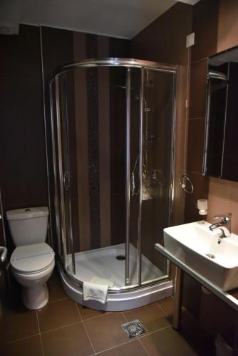 een badkamer met een douche, een toilet en een wastafel bij B&B Park in Sremčica
