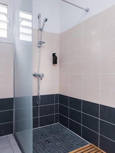 a bathroom with a shower with black and white tiles at Promo ! La Villa Armony, Havre de Paix avec Jardin Privé ! in Lamentin