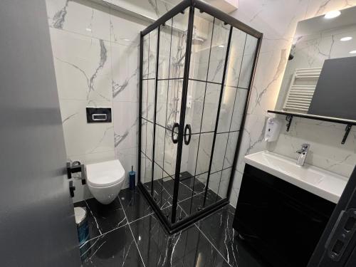 a bathroom with a shower and a toilet and a sink at The Blue Suites in Istanbul