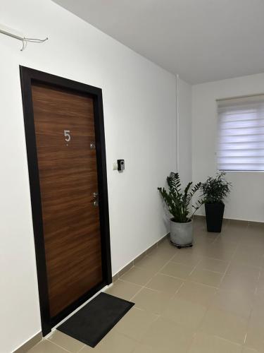 a wooden door in a room with two potted plants at Natymar in Adjud