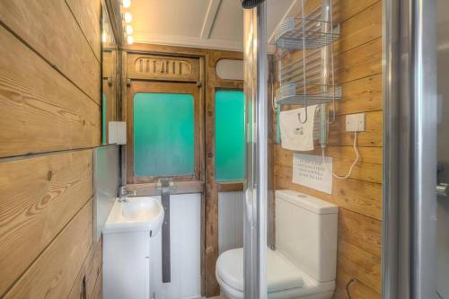 a bathroom with a toilet and a sink at Railway Carriage accommodation with tennis court! in Walberton
