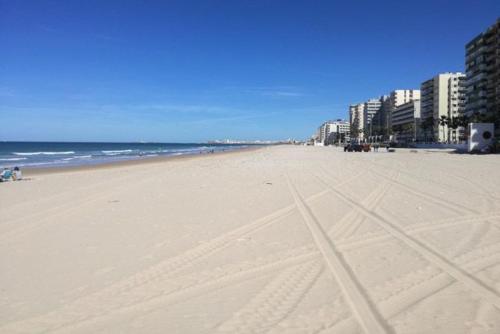 Blick auf einen Strand mit Gebäuden und das Meer in der Unterkunft Apartamento en Cádiz playa Victoria in Cádiz