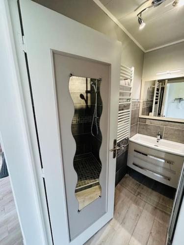 une salle de bain avec douche et lavabo dans l'établissement Le Gîte de La Baie A Velo, à Nouvion-en-Ponthieu