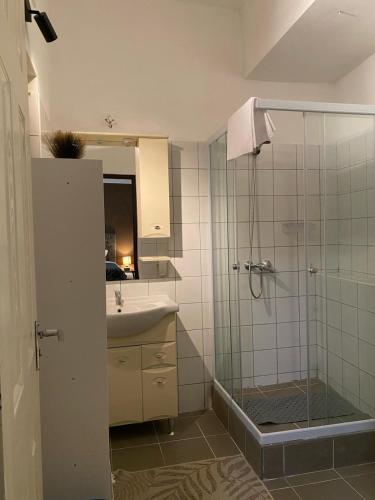 a bathroom with a shower and a sink at Allaga City Center in Budapest