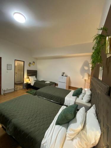 a bedroom with two beds with green and white pillows at Allaga City Center in Budapest