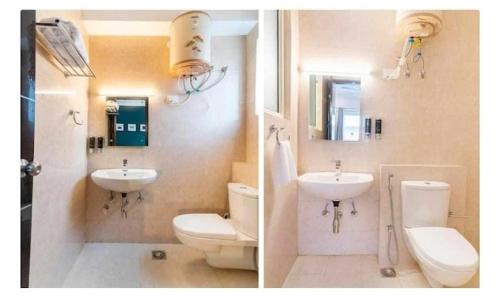 twee foto's van een badkamer met toilet en wastafel bij Hotel Malviya Nagar B&B in New Delhi