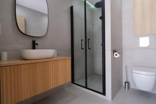 une salle de bain avec un lavabo et une douche en verre dans l'établissement Suite au Cœur de la Citadelle by Monarca, à Bastia