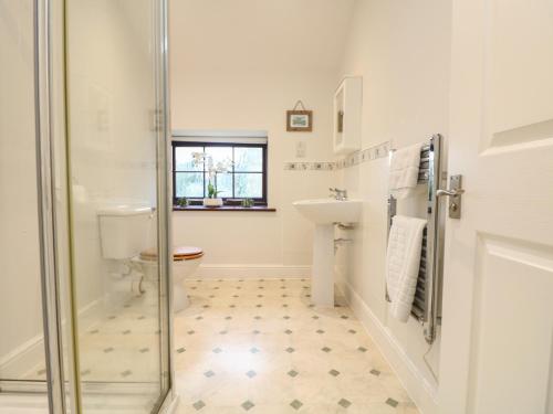 a bathroom with a shower and a sink and a toilet at Little Tregarrick in Helston