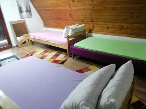 a room with two beds and a couch in it at Vikendica Dunav i SAVA in Donji Milanovac