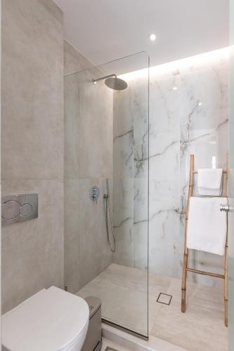 a bathroom with a toilet and a glass shower at Golden Bird's in Naxos Chora