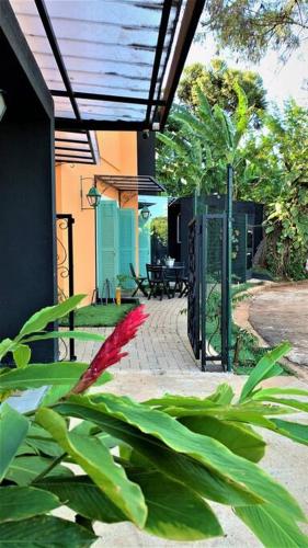 a house with a patio with a red plant at Bem-estar e boa localização (Apto Paraíso) in Maringá