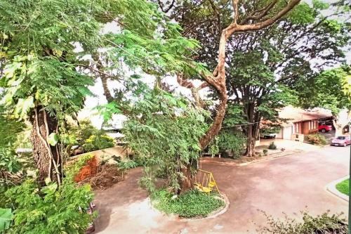 a tree with a yellow fence around it at Bem-estar e boa localização (Apto Paraíso) in Maringá