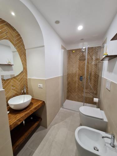een badkamer met een wastafel, een toilet en een douche bij Casa Monticello in Positano