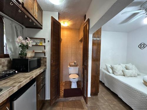 a small bathroom with a toilet and a bed at CABO BOHEMIA Tropical Garden Studios in Cabo San Lucas