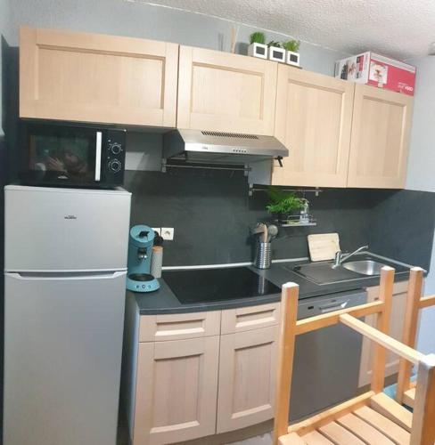 une cuisine avec un réfrigérateur blanc et un évier dans l'établissement Gîte n° 20, en pleine nature, frontalier, à Signy-le-Petit