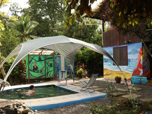 a man in a swimming pool under a canopy at Pirate and Mermaid Beach House in Puerto Viejo