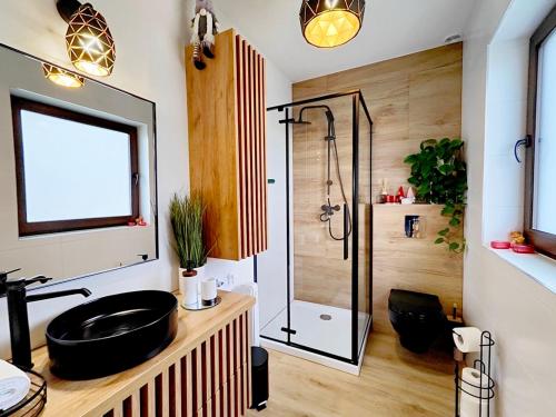 a bathroom with a black sink and a shower at Osada pod Giewontem in Czerwienne