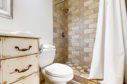 a bathroom with a toilet and a shower at Pleasant Tides in St. George Island