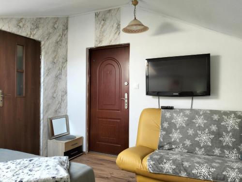 a living room with a couch and a tv at Pokoje Pod Dębowcem in Bielsko-Biala