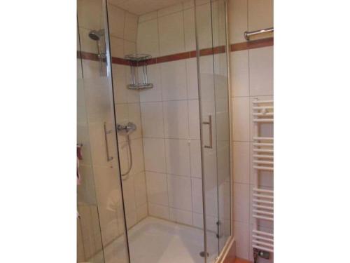 een douche met een glazen deur in de badkamer bij in the Achtern Diek holiday park in Burhave