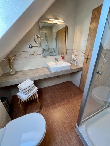 a bathroom with a sink and a toilet and a shower at Haus Dollart in Borkum