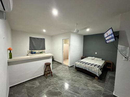 a bedroom with a bed and a sink in it at Departamento 48 Street in Valladolid