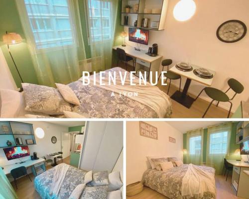 - deux photos d'une chambre avec un lit et un bureau dans l'établissement L'Hermès - Wifi - Parking - Netflix, à Villeurbanne