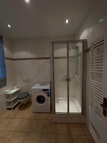 ein Bad mit einer Dusche und einer Waschmaschine in der Unterkunft Merseburg 2 Zimmer Apartment mit guter Ausstattung in Merseburg