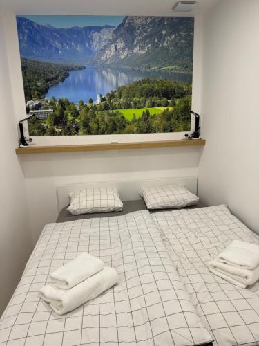 a room with a bed with a large window with a view at Apartma Tisa Bohinj in Bohinj