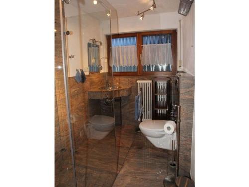 a bathroom with a toilet and a sink and a shower at Holiday apartment Schlossblick 2 in Zwingenberg
