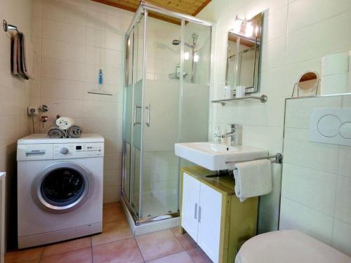 y baño con lavadora y lavamanos. en Appealing apartment in Grafenau en Haus im Wald