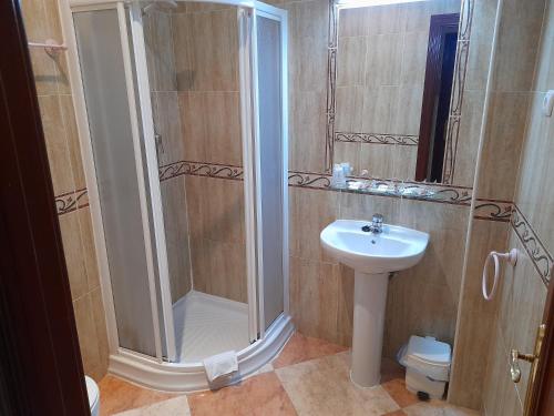 uma casa de banho com um chuveiro e um lavatório. em Hostal San Roque em Guadalajara