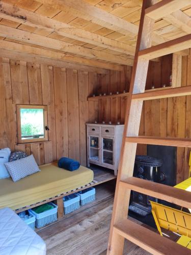 une chambre avec deux lits superposés et une échelle dans l'établissement Cabane du Beau-Regard, à Saint-Didier-sur-Arroux