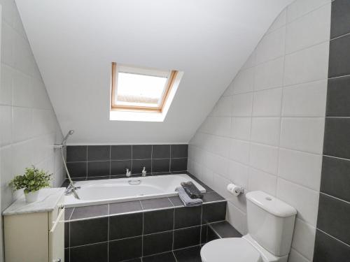 uma casa de banho com um WC e uma banheira em Rock Lawn Cottage em Glanbannoo Upper