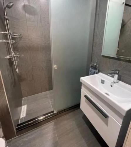 a bathroom with a shower and a sink and a toilet at Lily house in Yerevan