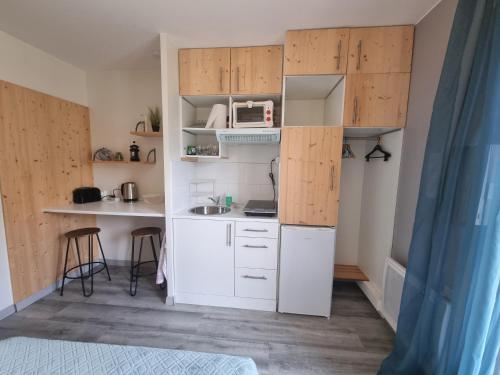 - une petite cuisine avec des appareils blancs et des armoires en bois dans l'établissement Studio T1 paisible dans villa avec bassin naturel, à Saint-Pierre-de-Lages
