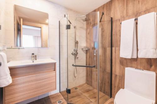 a bathroom with a shower and a toilet and a sink at Fully Serviced Apartment at Regatta Living - 3B in La Julia