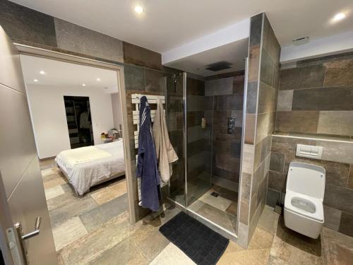Cette chambre comprend un lit et une salle de bains pourvue d'une douche. dans l'établissement Entre Mer et Vignes Perpignan, à Perpignan
