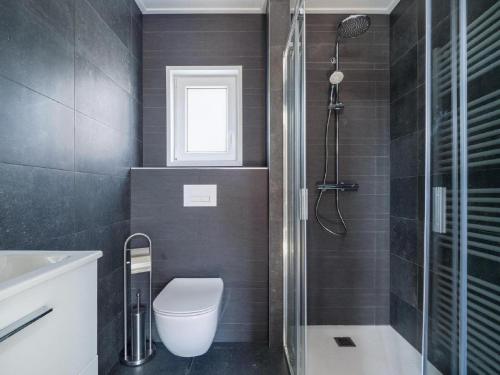 La salle de bains est pourvue d'une douche et de toilettes. dans l'établissement Modern chalet with deck, in a natural area, à Hoenderloo